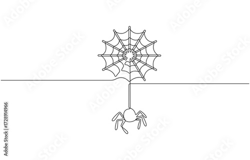 Continuous one line drawing of spider on its web. single line drawing illustration of black spiders, Halloween Spiders concept vector illustration.