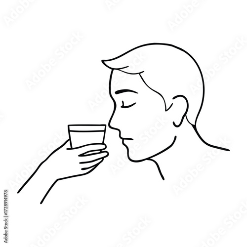 Man smelling a drink in a glass line art illustration