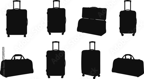 Luggage silhouettes, travel bags, suitcase icons, duffel bag shapes, baggage collection, tourism equipment, black silhouettes, vacation gear, portable luggage, travel essentials