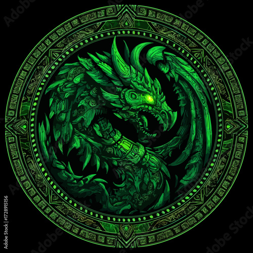 Green stone dragon coiled within an ornate circular border on a black background