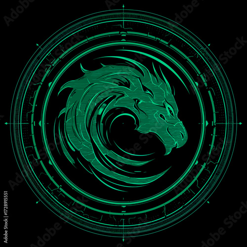 Green dragon head encircled in detailed circular arcane glyph on dark backdrop