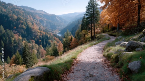 Scenic Autumn Forest Path with Golden Trees and Mountain Views in Sunlight, Nature Landscape with Foliage, Pathway, Green Grass, HDR Cinematic Tone