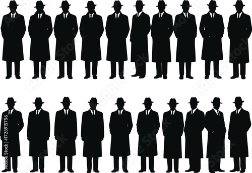 Mysterious silhouette men in trench coats and fedora hats, standing in grid formation, symbolizing anonymity, surveillance, uniformity, identity, secrecy, noir detective theme