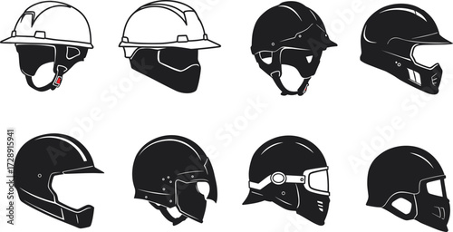 Protective helmet silhouettes, construction safety gear, motorcycle helmet vector, tactical headgear 