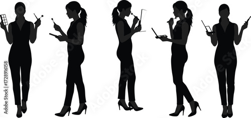 Makeup application silhouette, cosmetic routine steps, beauty brush pose, lipstick gesture, compact mirror, foundation bottle, black icon, personal care