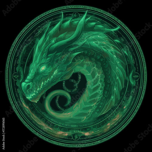Emerald hued dragon curled inside an ornate, circular border against a black backdrop