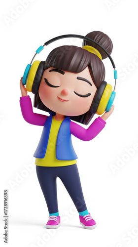 Cartoon Girl Enjoying Music with Headphones, Eyes Closed, Isolated on White