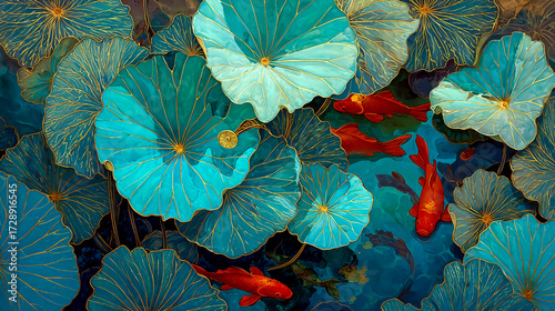 A vibrant and detailed painting of lotus leaves, with turquoise hues and gold accents