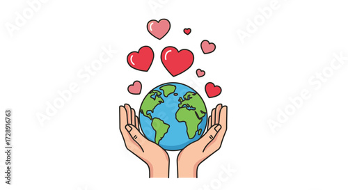 Hands Holding Earth with Hearts A Symbol of Global Love and Care.