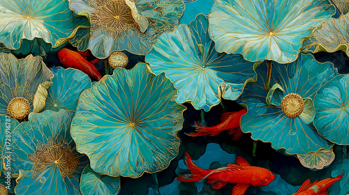 A vibrant and detailed painting of lotus leaves, with turquoise hues and gold accents