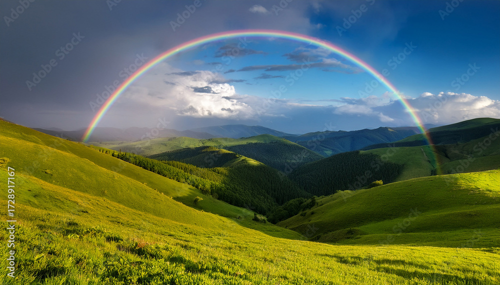 Naklejka premium Panoramic Rainbow Over Green Hills