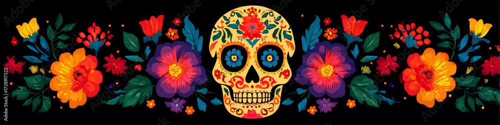 Obraz premium A vibrant and colorful skull design adorned with floral elements, representing the traditional Day of the Dead celebration.