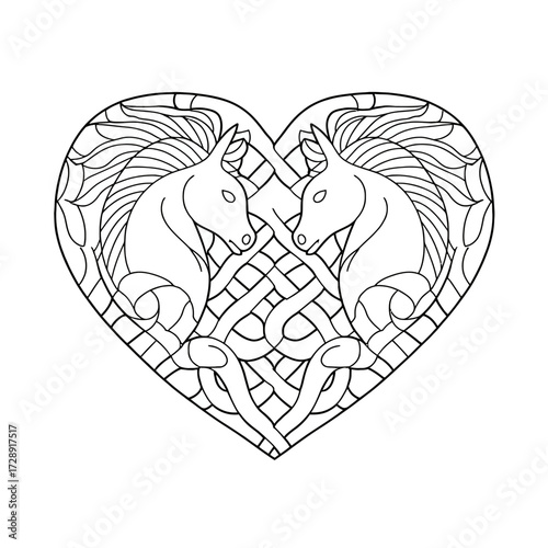 Two horses facing each other inside a heart with Celtic knot designs, black outline style
