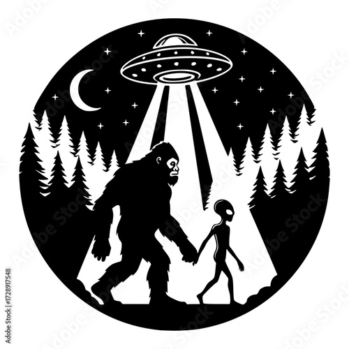 Bigfoot and Alien walking hand in hand under a UFO in a forest, cryptid, alien, UFO, paranormal, funny
