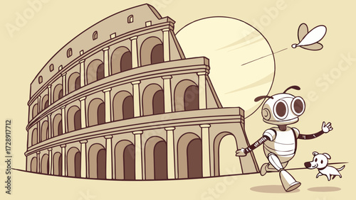 Cartoon illustration of a robot chasing a butterfly with the Colosseum in the background.