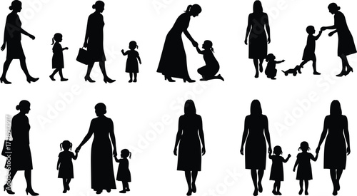 Mother and child silhouette, caregiving pose, walking together, helping gesture, family bond, parenting icon, black illustration, emotional connection, minimal design