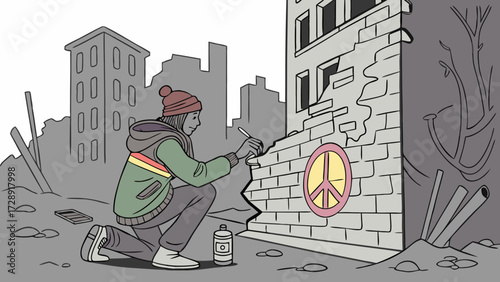 A person in a beanie and hoodie spray-paints a peace symbol on the crumbling brick wall of a damaged building in a post-apocalyptic city.
