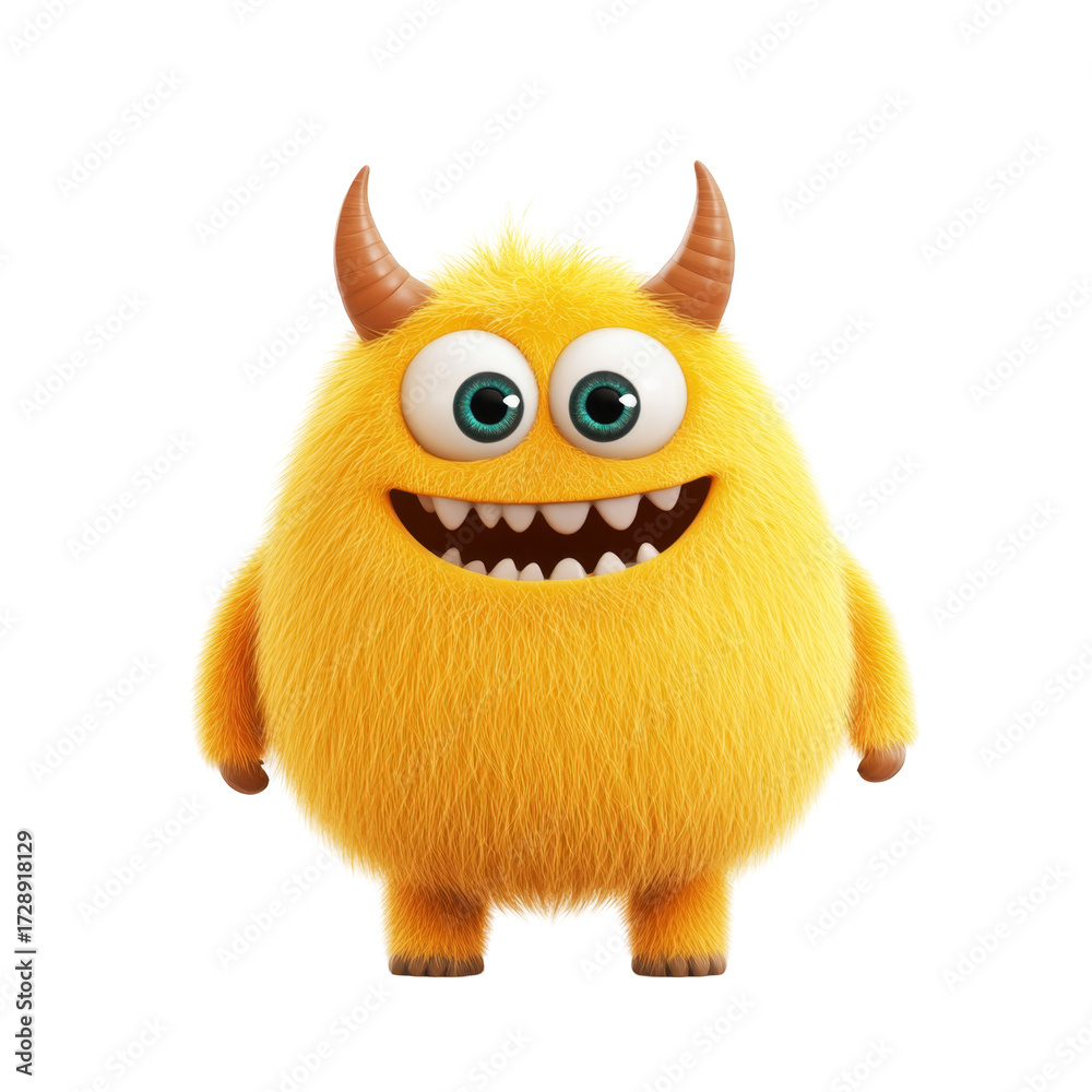 Fototapeta premium Cute yellow furry monster with horns and big eyes