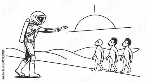 Astronaut gestures towards three aliens on a distant planet with a sun in the background.
