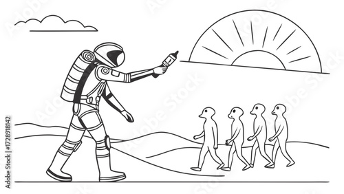 An astronaut in a spacesuit walks across a barren landscape, holding a device and leading a line of small, humanoid figures towards a rising sun.