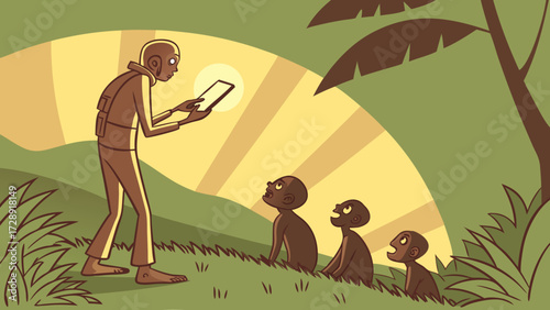 An adult showing a digital tablet to four curious children on a grassy hill under a bright sun, symbolizing education and technology access.