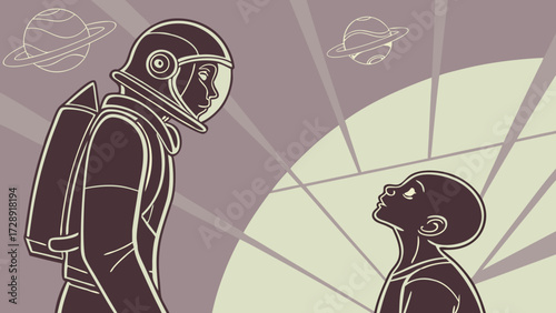 Illustration of an astronaut and a child looking up at each other.