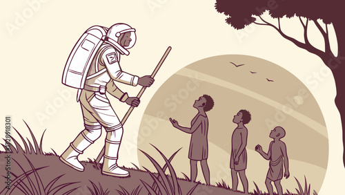 Astronaut meets children on a planet with a striped sky.