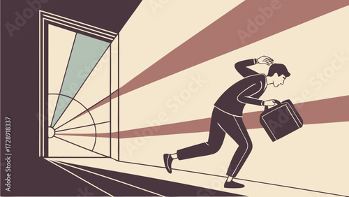 A man in a suit with a briefcase running urgently out of a door with radiating light in a retro graphic style.