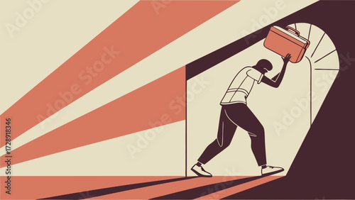 Illustration of a man pushing through a doorway with a briefcase, symbolizing overcoming obstacles.