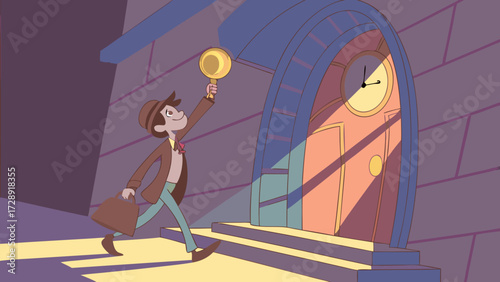 A cartoon detective with a magnifying glass and briefcase walks towards a mysterious sunlit doorway with a large clock above it.