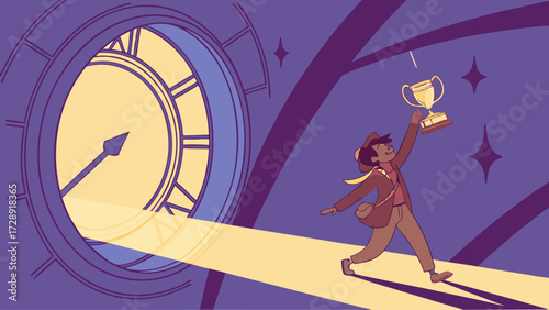 A person holding a trophy walks through a glowing clock face, symbolizing achievement and the passage of time.