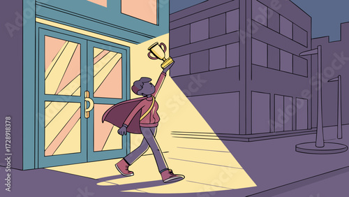 A triumphant cartoon character with a cape holds a trophy high in a spotlight at night.