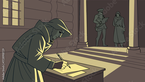 A person in a wide-brimmed hat and long coat writes at a desk, while two uniformed figures stand guard in a dimly lit, historical-looking building.