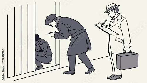 Illustration of two detectives investigating a crime scene with a suspect in jail.
