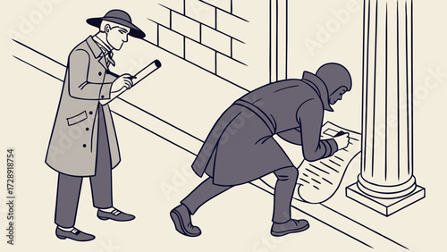 Two men in coats, one writing on a scroll, the other observing with a notepad.