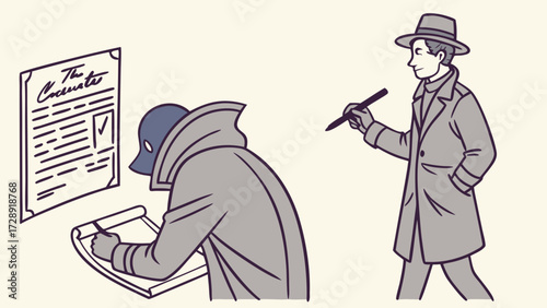 Illustration of two men, one writing on a clipboard, the other on a wall.