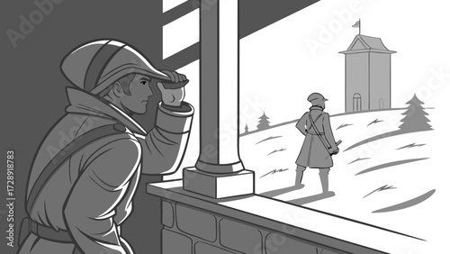 A soldier in a winter uniform looks out a window at a figure walking towards a watchtower in a snowy landscape.