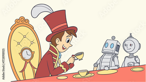 A cheerful cartoon boy in a red top hat and suit enjoys a tea party with two friendly robots.