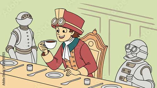 A young man in historical attire with goggles enjoys a cup of tea at a table with two robots.