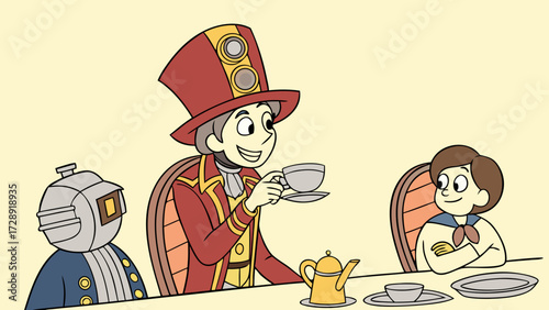 A whimsical cartoon scene of a steampunk gentleman, a young girl, and a robot enjoying a tea party together at a table.