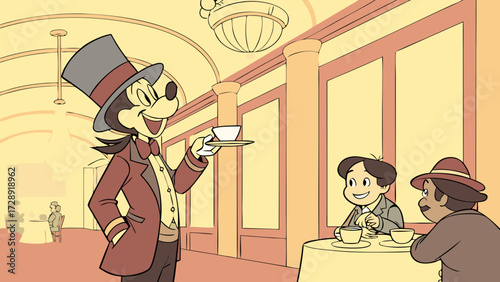 An anthropomorphic mouse in a top hat serves tea to a child and a man in a vintage-style illustration.