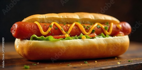 A juicy frankfurter hot dog in a toasted bun, with mustard and relish, ready to eat Perfect for a summer barbecue or a quick lunch , iconic, lunch, yellow mustard