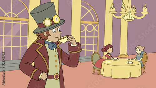 A cartoon man in a steampunk top hat and coat sips tea in a grand hall, with two women seated at a table in the background.