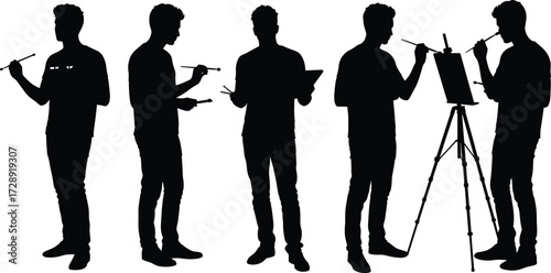 Painter silhouette illustration, artist with brush, palette gesture, canvas easel pose, creative stance, black icon set, painting activity, minimal design
