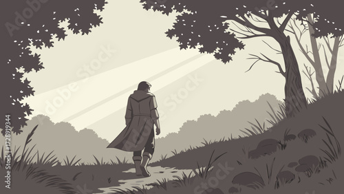 A lone figure walks along a path through a forest, bathed in sunlight, a journey.