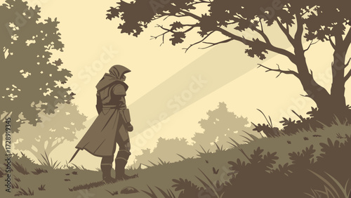 Lone figure walking through a sunlit forest clearing.