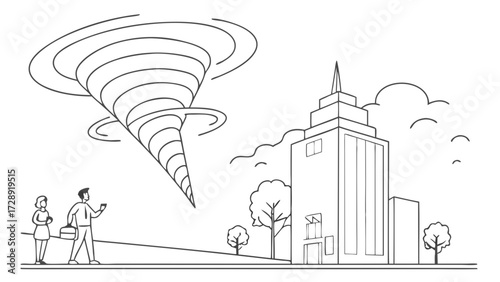 Illustration of a tornado approaching a city with people observing the dangerous weather event.