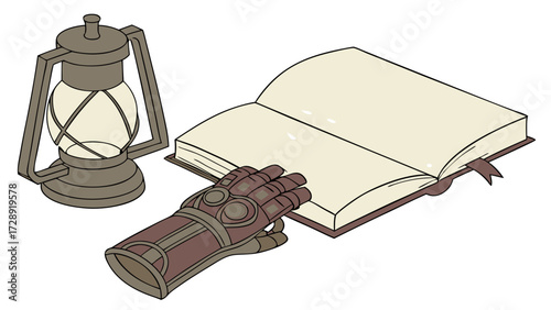 Illustration of a lantern, open book, and steampunk gauntlet.