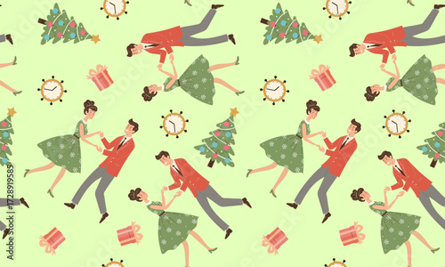 seamless retro couple dancing pattern on light green background with christmas tree gifts and vintage clock new year holiday celebration texture