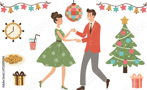 retro couple dancing at christmas party flat vector illustration vintage man and woman with holiday decorations disco ball snowflakes new year celebration